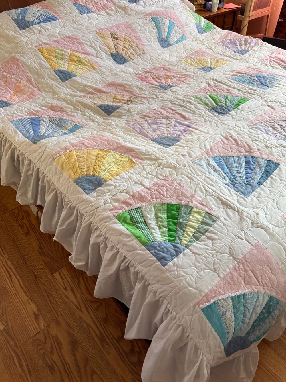 Vintage Grandmother's Fan Quilt Handmade Handstitched Beautiful Pastel Cottage